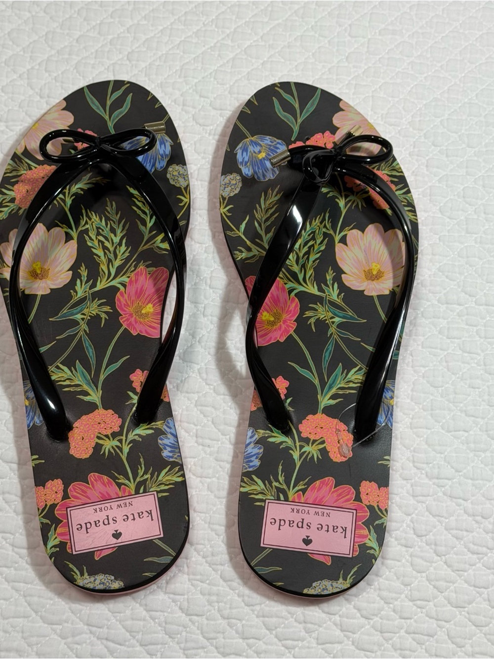 kate spade Black Floral Bow Flip Flop Sandals with Multicolor Blooms